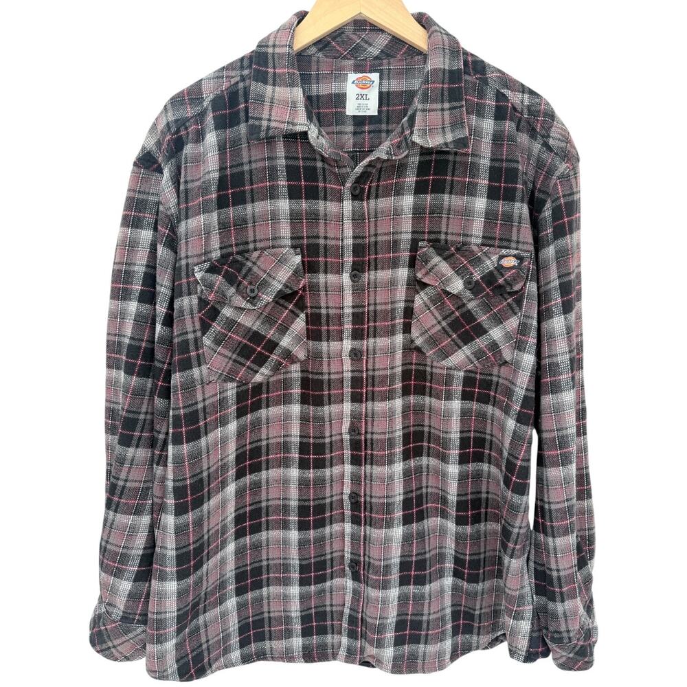 Dickies Flannel Shirt Mens 2XL Gray Red Plaid Workwear Button Up